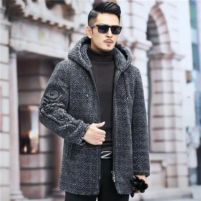 

2022 Men's Autumn Winter Fashion Long Hooded Overcoats Male Genuine Lamb Fur Coats Men Thick Warm Sheep Shearing Jackets W07