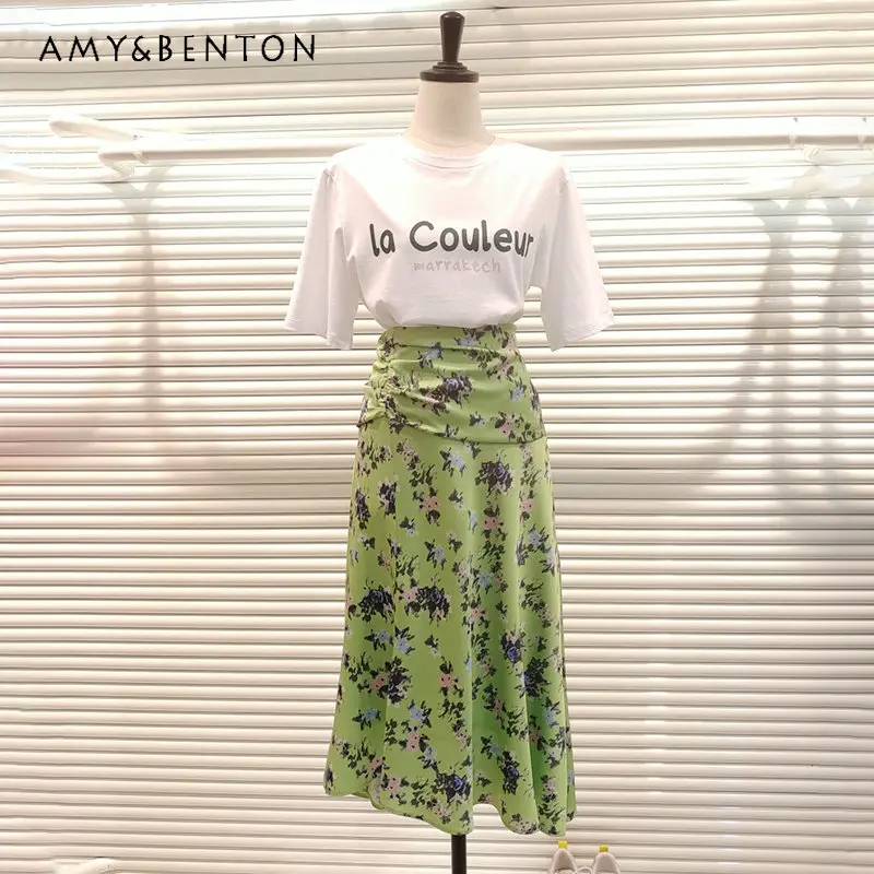 

Faldas Mujer Summer 2023 New Korean Style Elegant Mid-Length A- Line Skirt High Waist Crimp Printed Irregular Skirt for Women