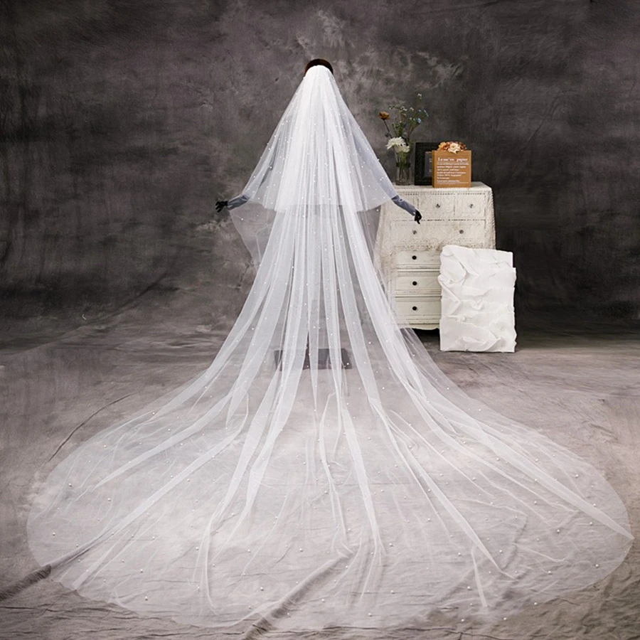 

New Arrival White Ivory Cathedral Wedding Veils Beaded Crystals Bride Velos de novia Boda wedding accessories Veu de noiva