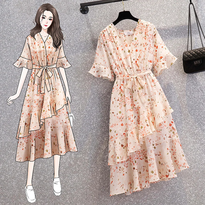 

Elegant Large Size Women's Clothing 2022 Summer New Vintage V-neck Short Sleeve Waist Floral Chiffon Dress Woman FP88