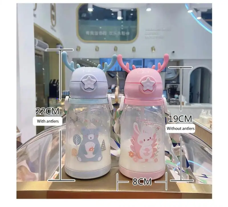 580ml Kids Water Sippy Cup Antler Creative Cartoon Baby Feeding Cups With Straws Leakproof Water Bottles Outdoor Children Cup