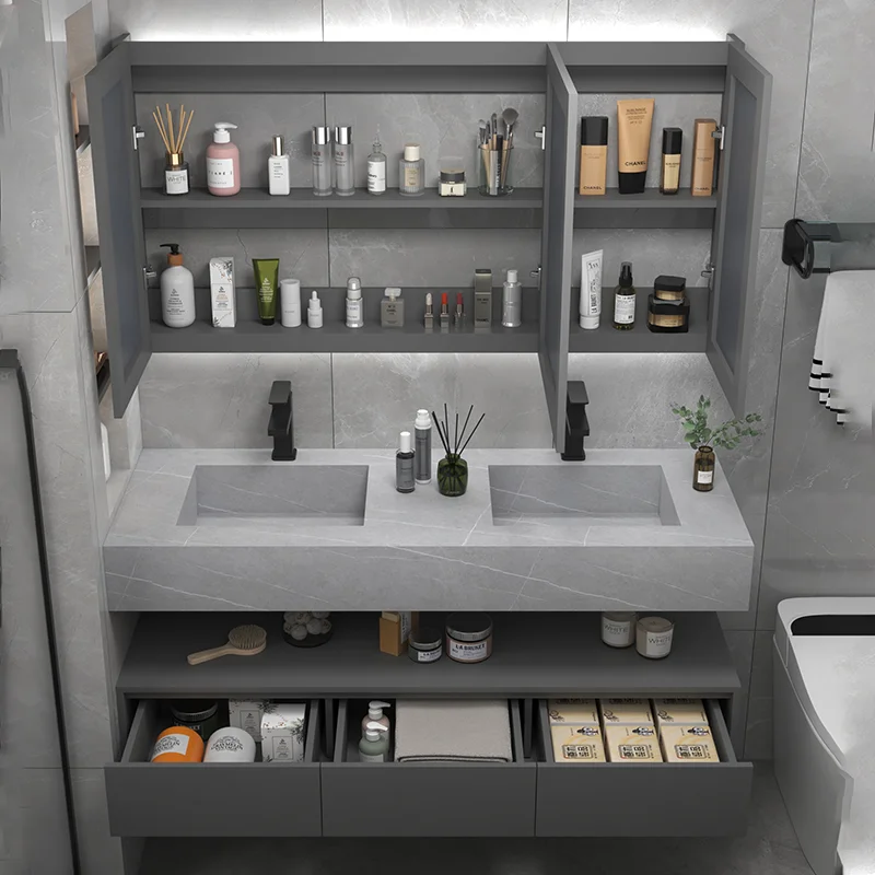 Luxury Hotel Floating Double Basins Bathroom Vanity Set Modern Bath Cabinet With Led Mirror