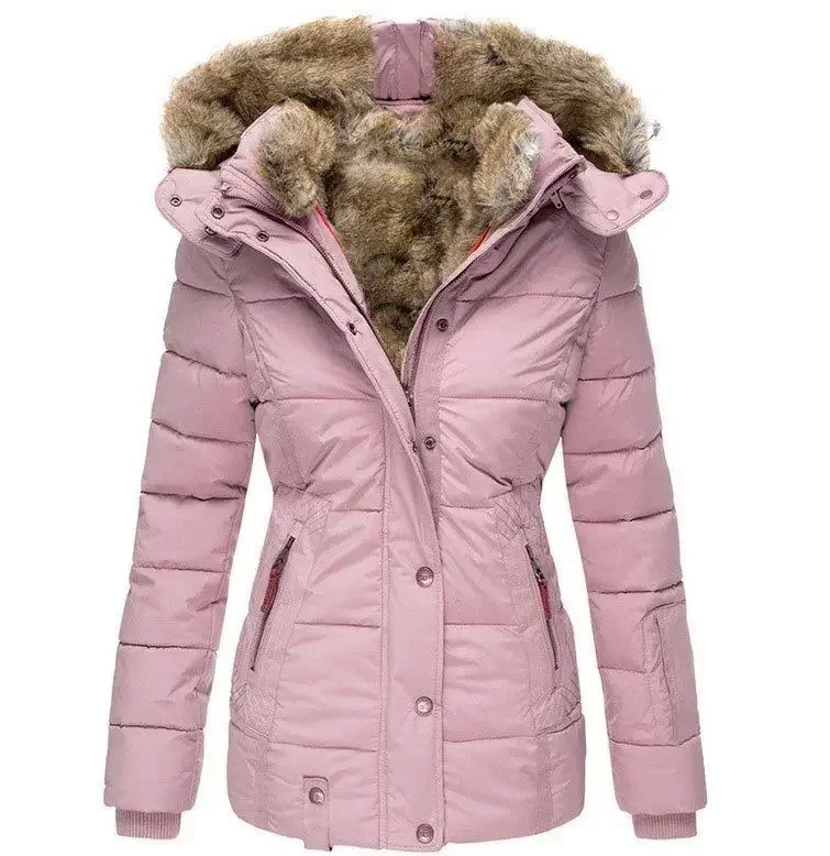 Winter Warm Wool Collar Cotton Coat Womens Zipper Long Sleeve Slim Fit Hooded Cotton Coat 6