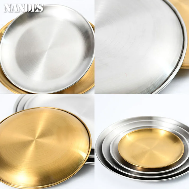 Stainless Steel Plates 14/17/20/23/26/30CM Stainless Steel Bone Spitting Dish Gold Silver Shallow Tray Dining Disc