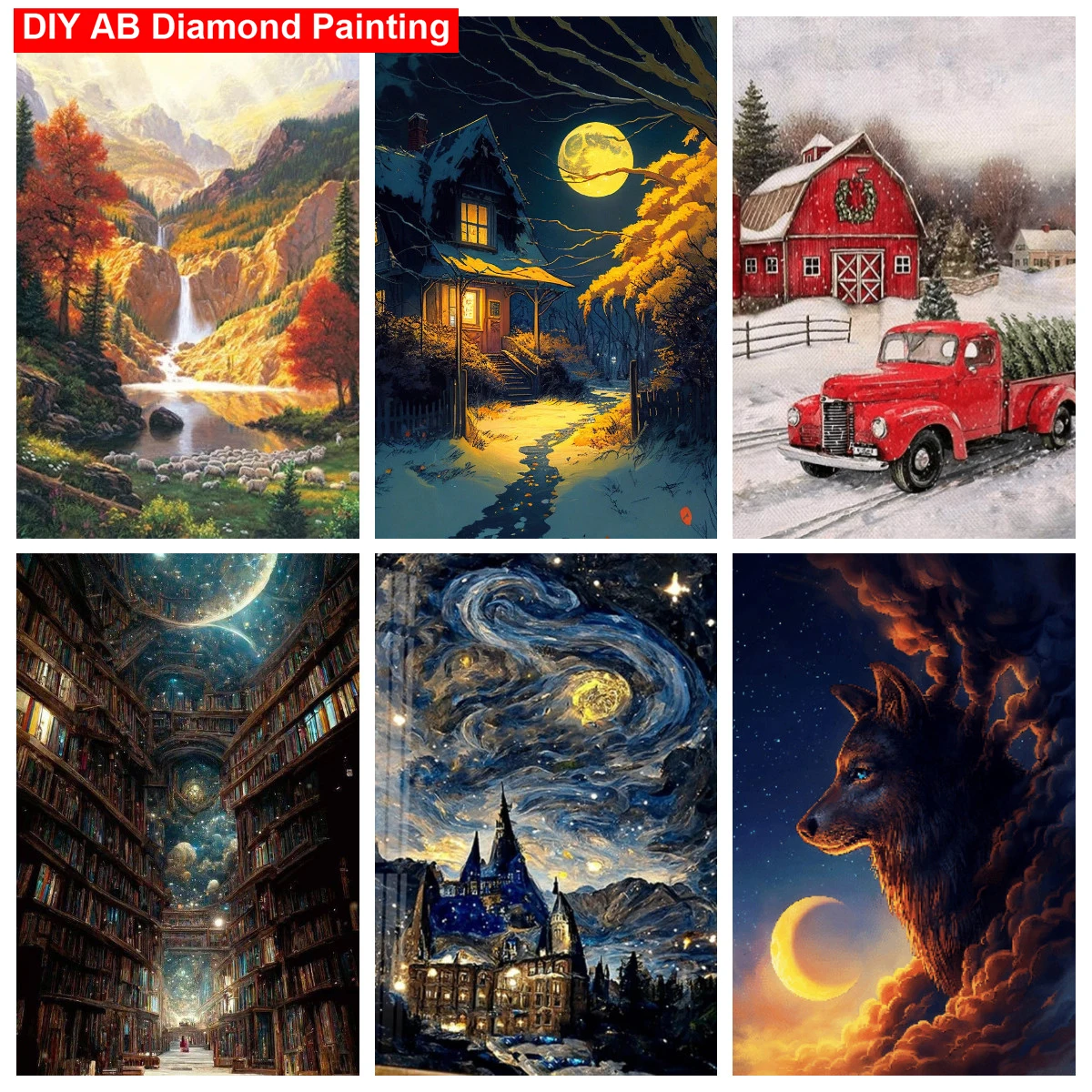 

Landscape Wolf Moon DIY 5D AB Diamond Painting Full Round/ Square Mosaic Diamond Embroidery Rhinestone Art Home Decoration