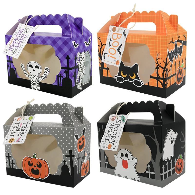 12 Stück Halloween-Party Süßigkeiten-Tüten mit Fenster, 4 verschiedene Designs, Mix