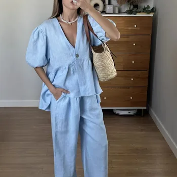 2025 New Women Solid Color V-Neck Bubble Short-Sleeved Trousers Suit Summer Women Short T-Shirt Top + Long Pants Two Peice Sets 1