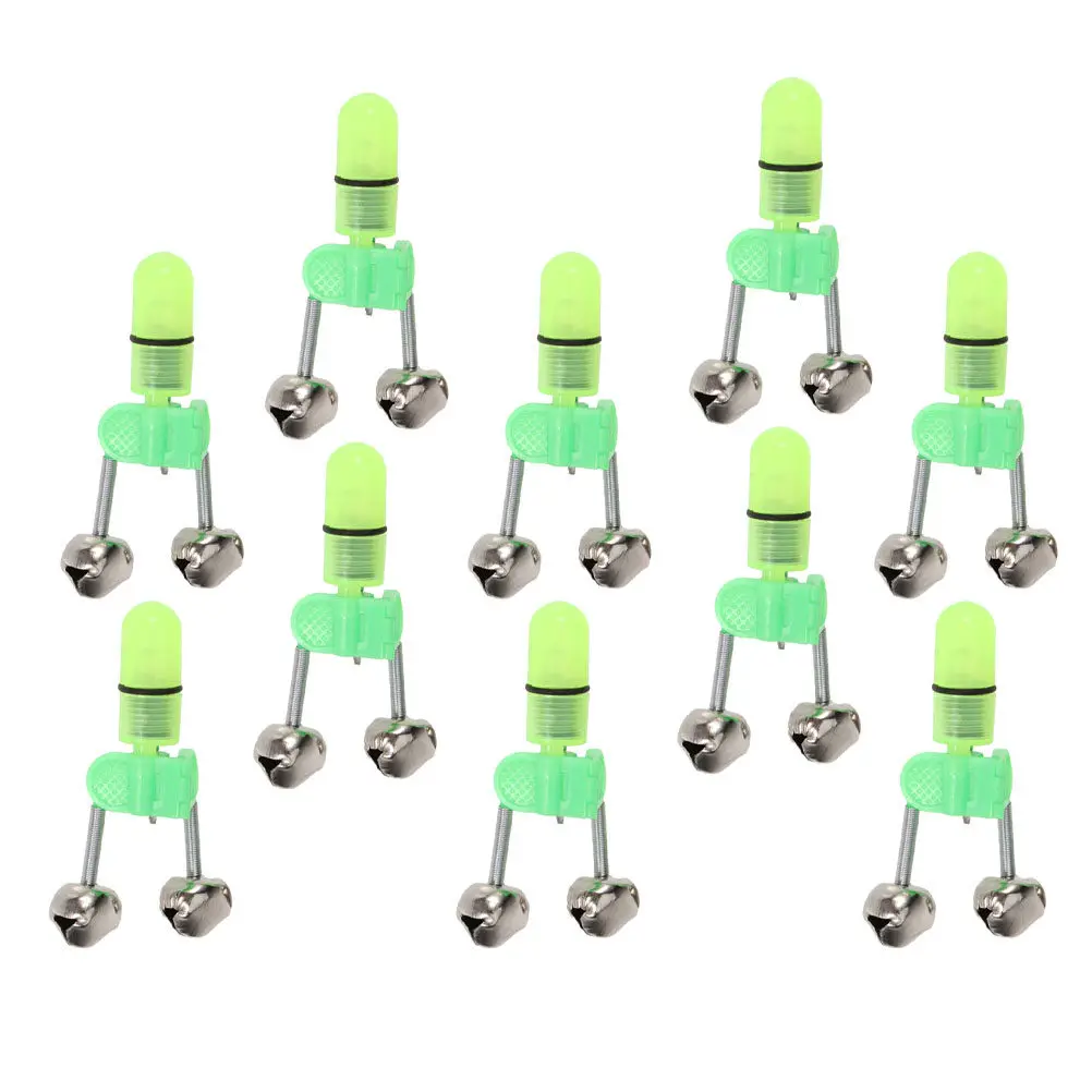 10Pcs 낚시 경고 벨 (녹색 램프 포함) 낚싯대용 야간 사용 벨 휴대용 미끼 알람 액세서리 낚시 경고 벨