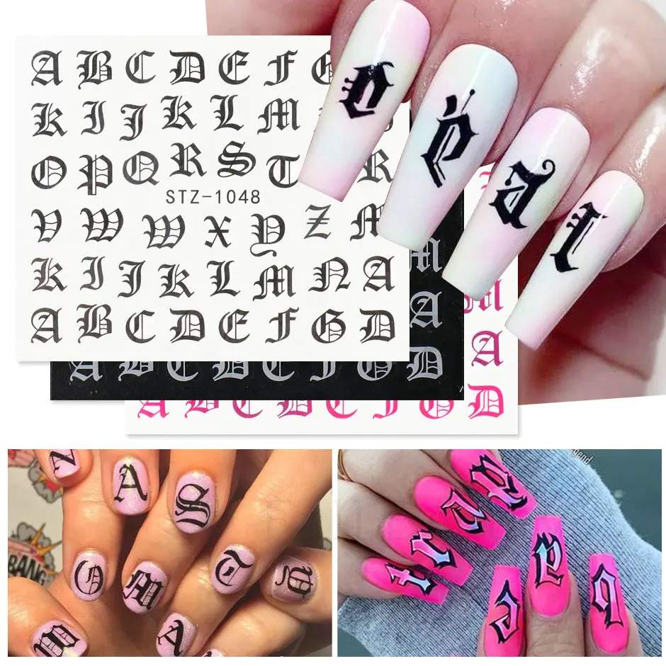 ABC Letter Decals Nail Art Stickers English Old Font Black Number Tattoo Nail Design Water Sliders Manicure Wraps CHSTZ1046-1049 nail stickers,nail art decoration,nail decals,nail art tools
