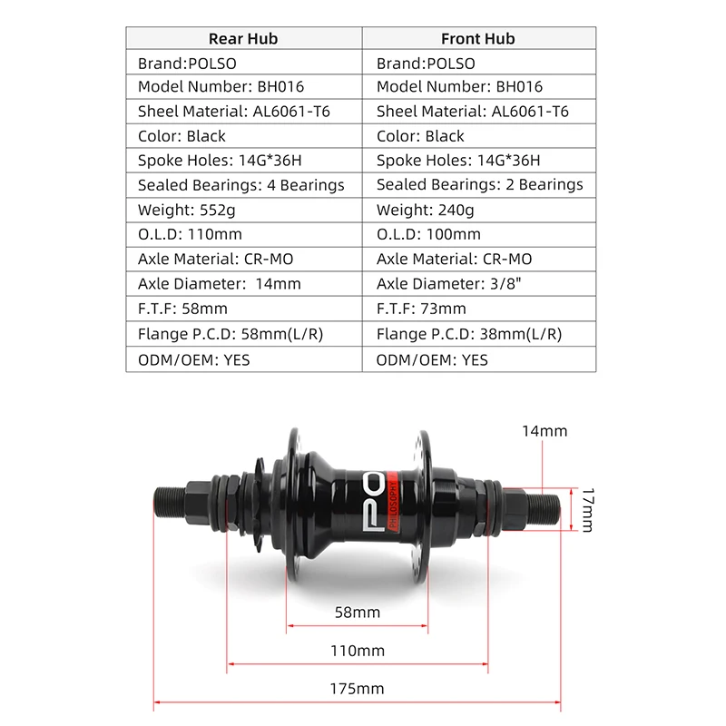 POLSO BH016 BMX 허브 100x3/8 110x14mm BMX 전면 및 후면 허브 알루미늄 합금 자전거 부품