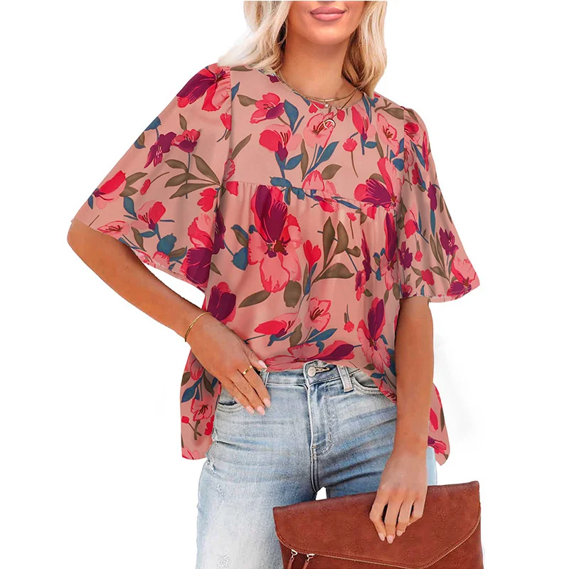 Women's Bohemian Print Half Sleeve Shirt 2023 Summer Comfortable Casual Loose Pleated Tops Female Fashion O Neck Pullover Blouse