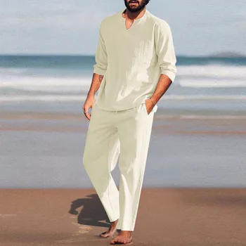 2024 Spring Summer Casual 2 Piece Set Breathable Cotton Linen Loose Pant Sets Men's Beach Yoga Sport Trousers Suits Ropa Hombre 1