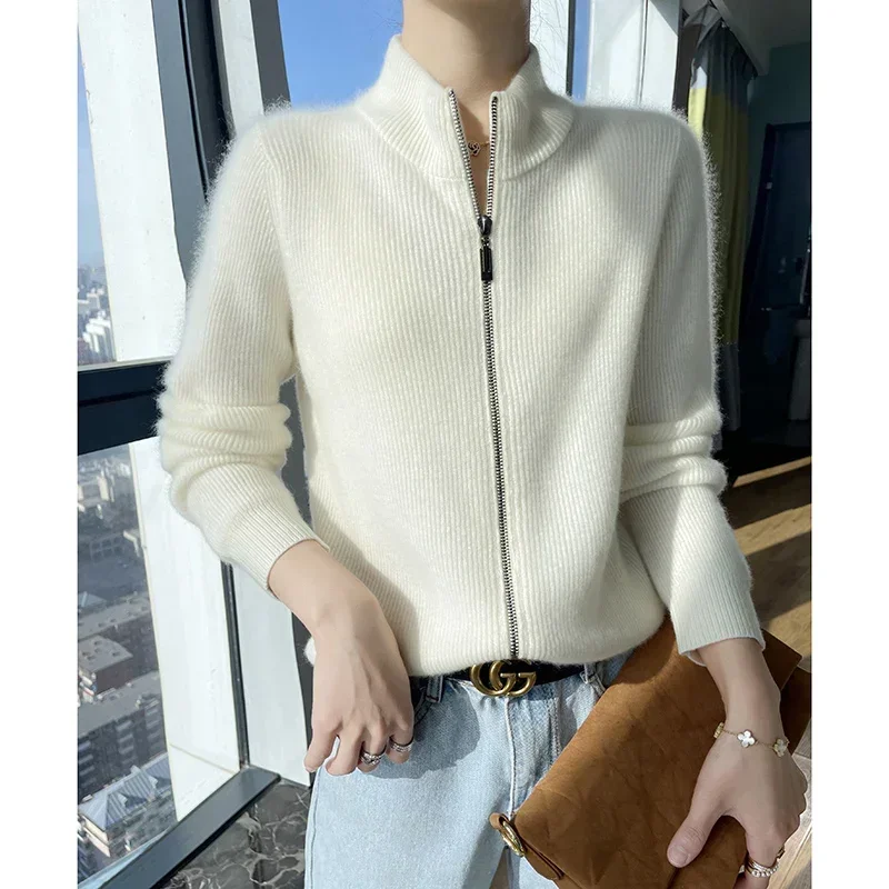 여성용 지퍼가 달린 스웨터 카디건, 여성용 캐시미어 스웨터, 하이 퀄리티 여성..
