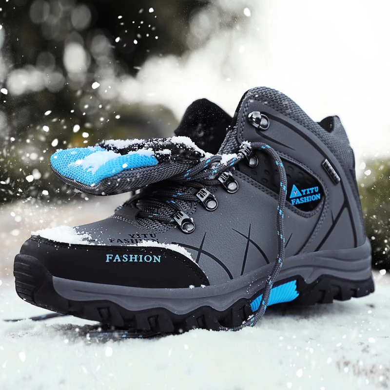Men Winter Snow Boots Short Plush Waterproof  Pu Leather  Ankle Boots Outdoor Male Sneaker Hiking Boots Work Botines Hombre
