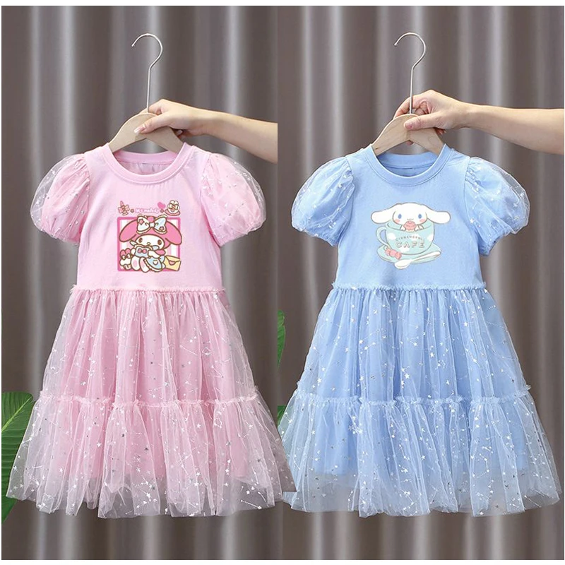 

Sanrios Anime Cartoon Kuromi Cinnamoroll My Melody Children Short Sleeve Gauze Skirt Summer Girls Dress Party Princess Dresses