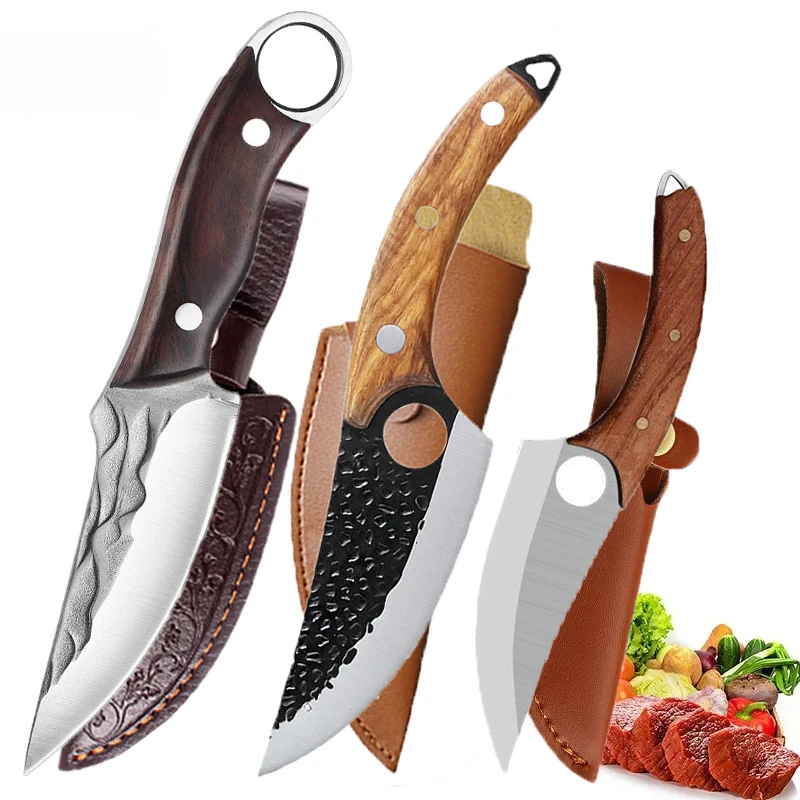 Kitchen Knife Hand Forged Chef Cutting Knife Cleaver Stainless Steel Boning Peeling Knife Wooden Handle BBQ Kitchen Slicing