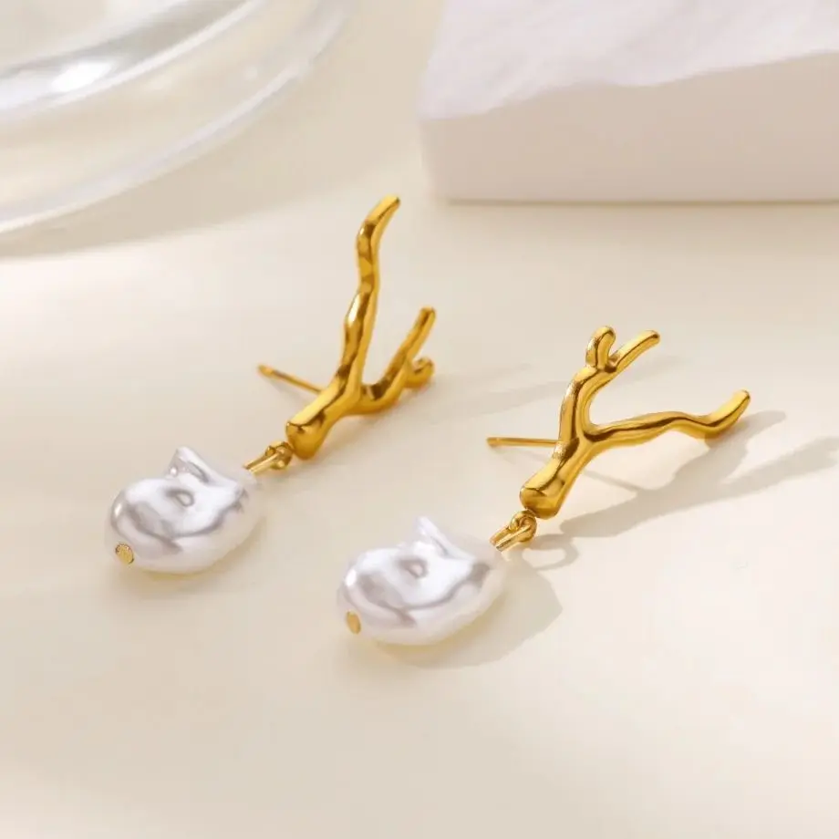 Stainless Steel Coral Imitation Pearl Earrings For Women 18K Gold