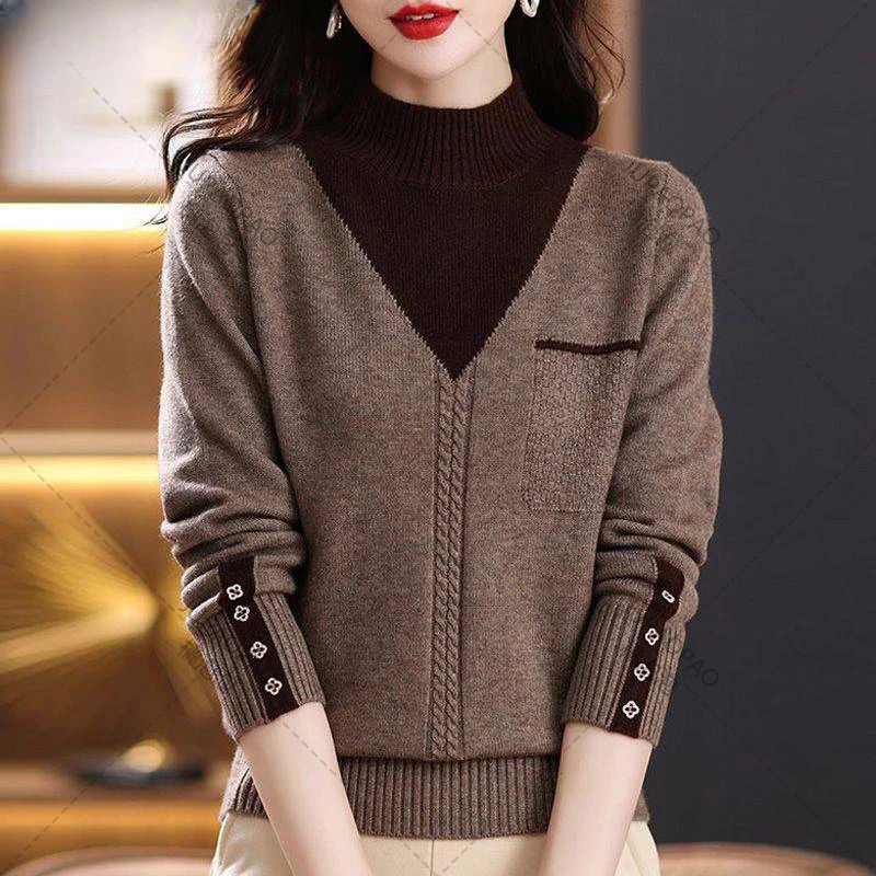 

Spring and Autumn 2023 New Semi High Collar Undercoat Korean Color Contrast Knitted Sweater Elegant Women's Fake Two Piece Top