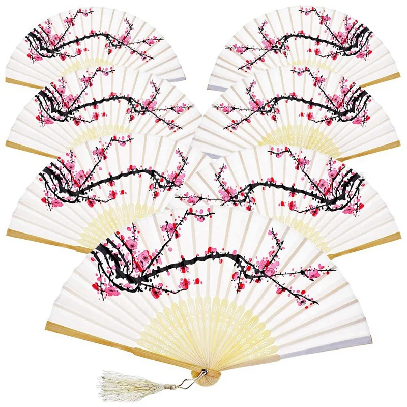 

12 Pieces Hand Held Fans Silk Bamboo Folding Fans Flower Printed Fans Handheld Folded Dance Fans For Wedding Gift Party