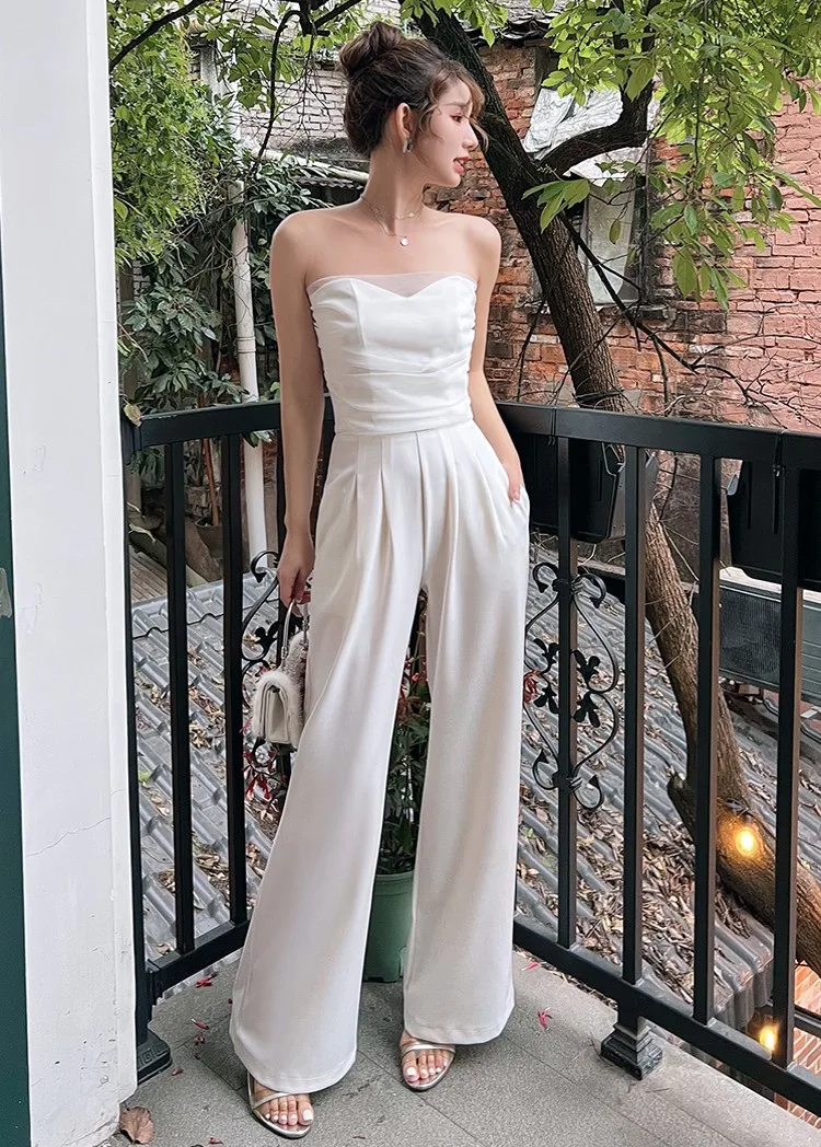 

Summer Elegant OL Two Pieces Set Women Solid Mesh Strapless Sleeveless Short Tops+Full Length Wide-Legged Pants 2 Piece Suit