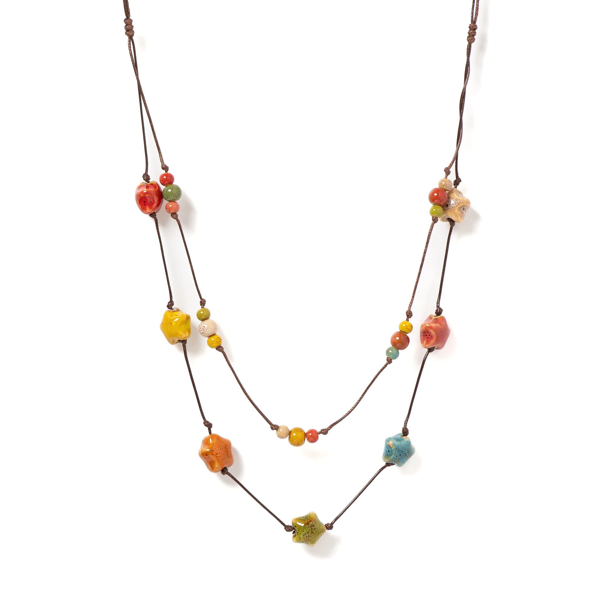 Handgefertigte bunte doppellagige Stern-Keramik-Halskette, verstellbare Kordel, böhmischer Schmuck, 1-teilig, S 001164