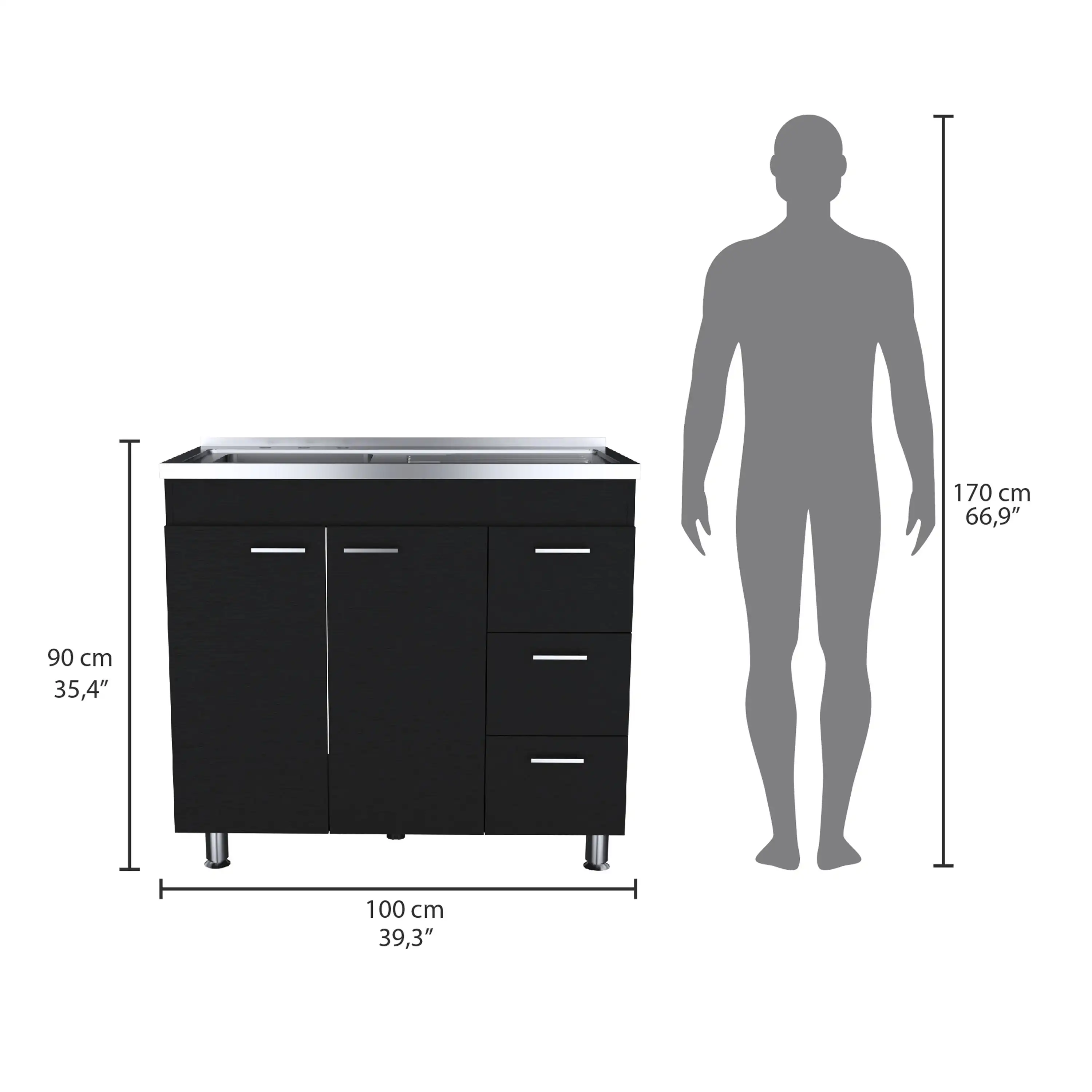 Ferretti Utility Sink with Three Drawers and Double Door Cabinet Black 4