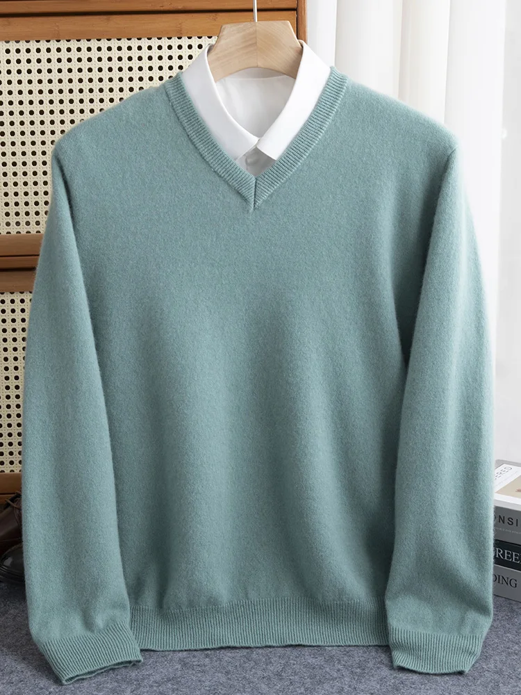 2024 Autumn Winter Men V-neck Wool Sweater Long Sleeve Pullover 100% Merino Wool Knitwear Smart Casual Basic Cashmere Clothing 4