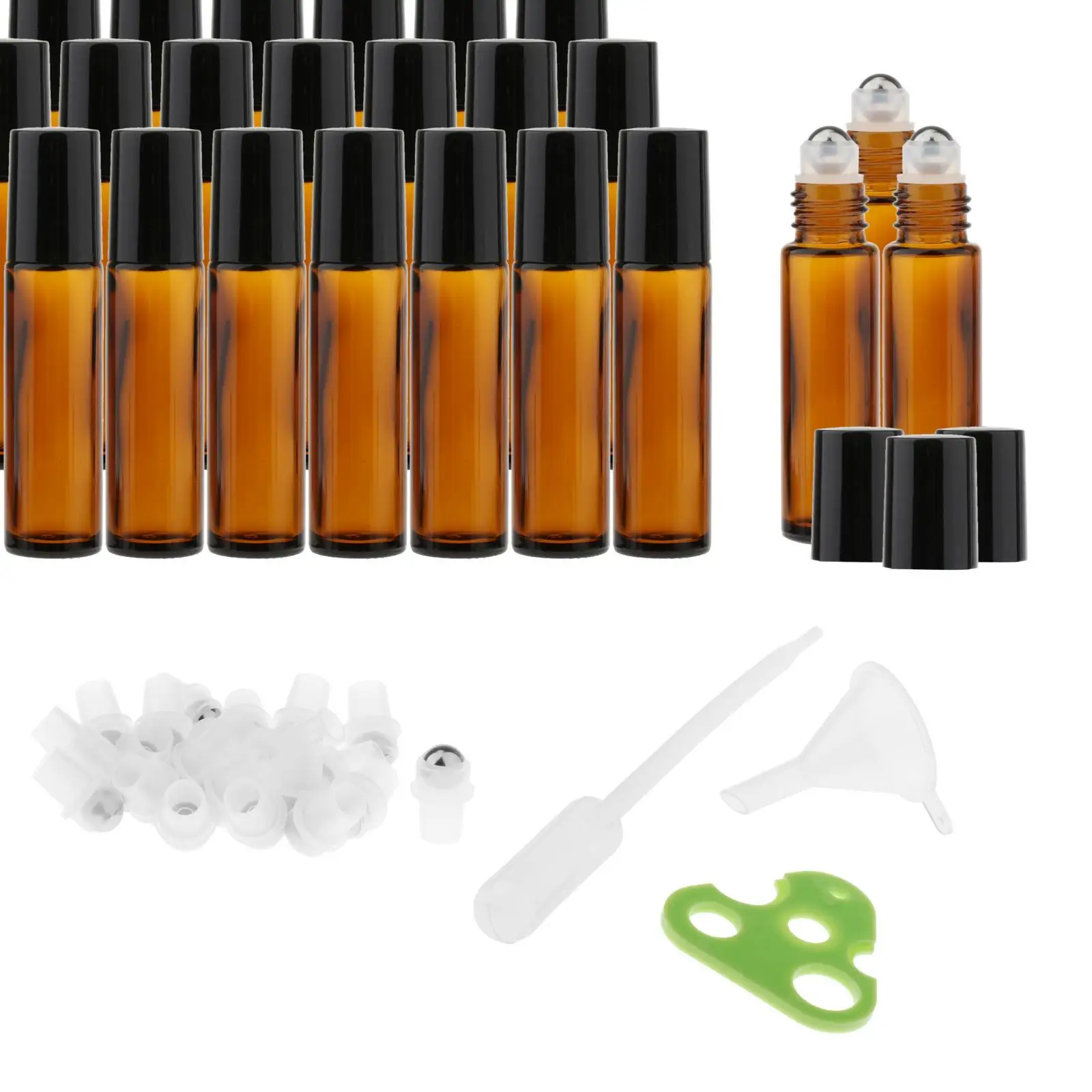 Essential Oil Roller Bottles 10mL ( Bottle , 24 Pack, Stainless Steel Balls, Opener, Funnels)