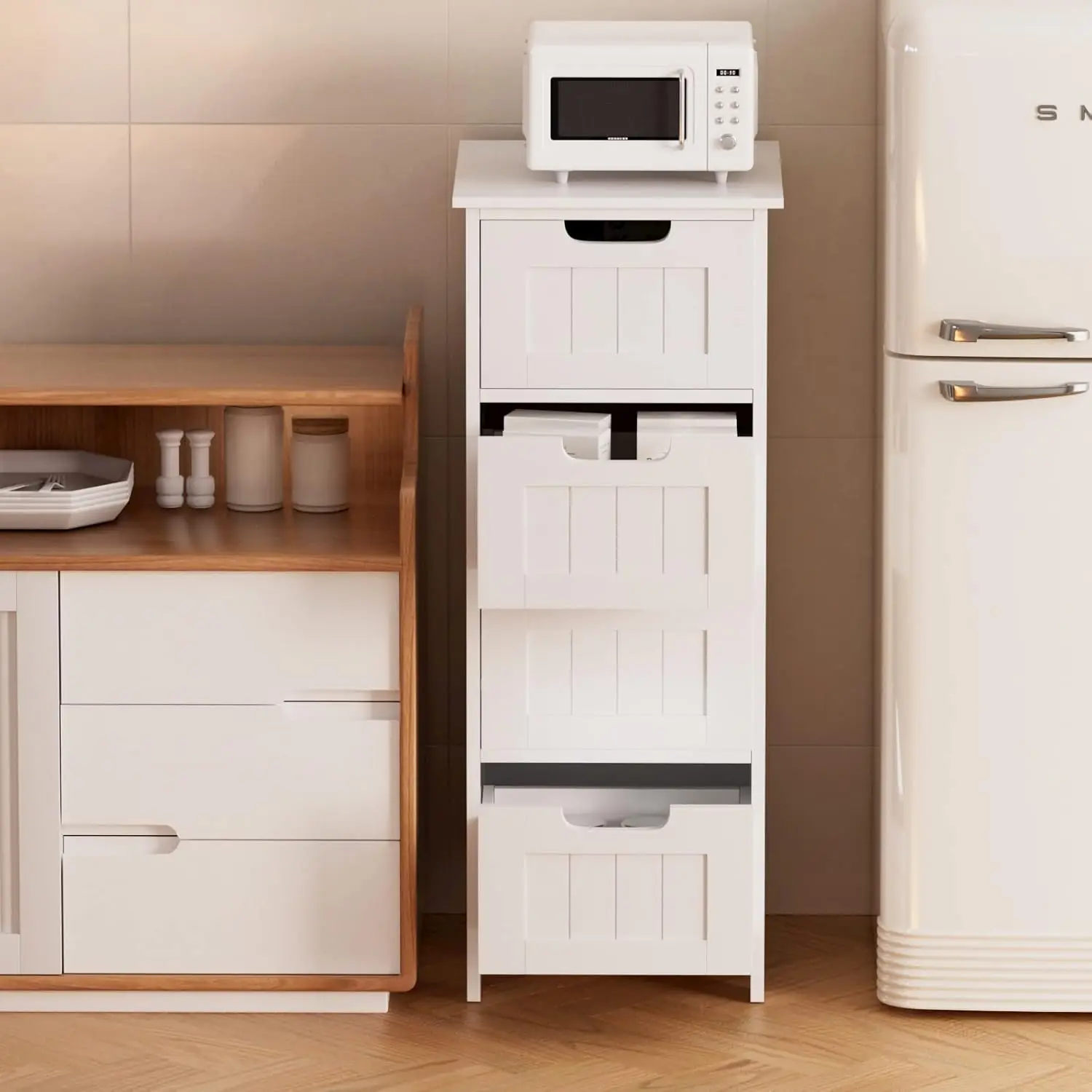 30 x 30 x 82 cm großer weißer MDF-Schrank mit 4 Schubladen, platzsparender Aufbewahrungsorganisator für Badezimmer und Schlafzimmer – Detail 7