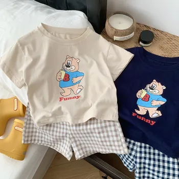 Popular Design Baby Boys T-shirt Suit Summer Clothes Cartoon Fashion Toddler Plaid Shorts Short Sleeve Set Children's Wear 6m-6y