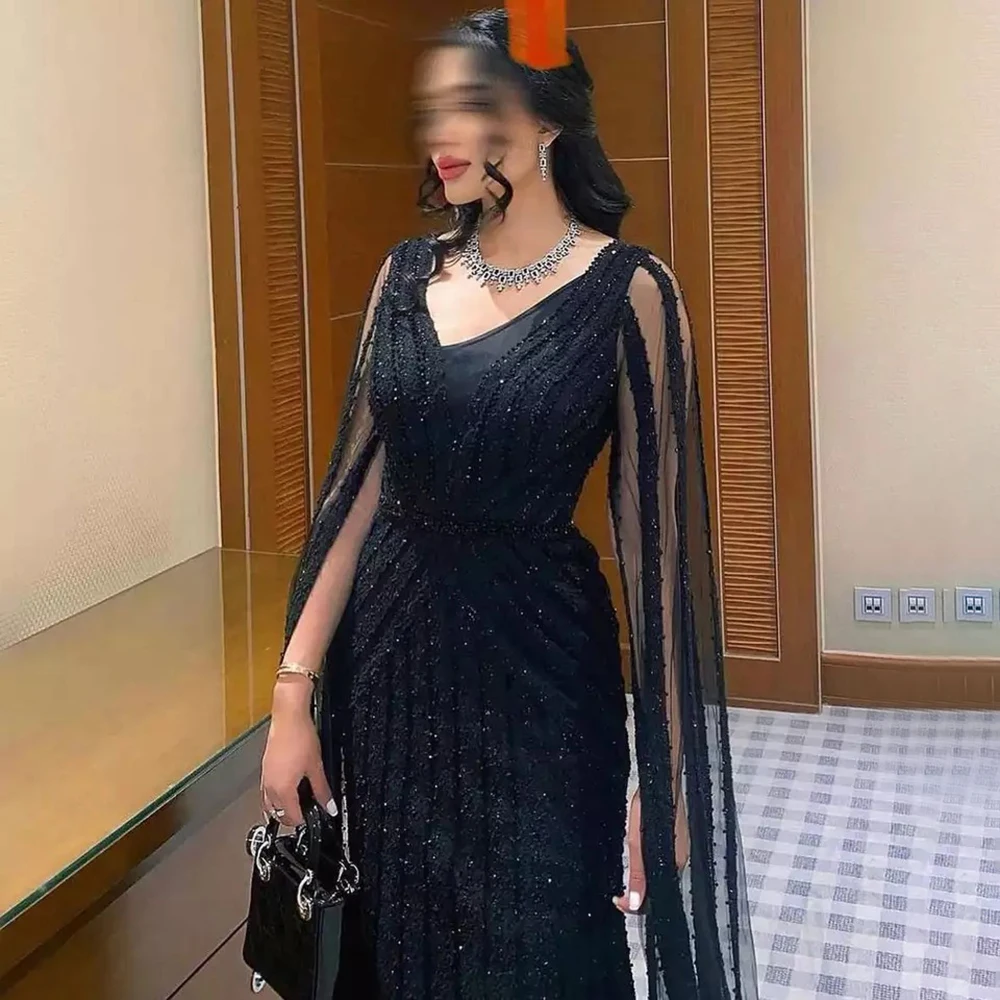 Serene Hill Black Arabic Cape Sleeves Evening Dresses Gowns 2023 Luxury Beaded A-Line For Women Party LA71889