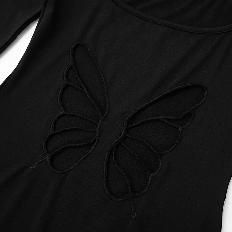 y2k Dresses Women Sexy Clothes Solid Color Butterfly Cutout Back Long Sleeve Bodycon Dress Club Dresses Streetwear