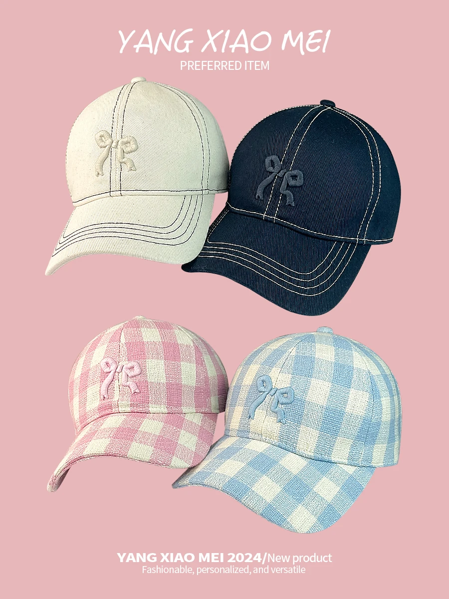 Plaid Bow Embroidery Soft Top Baseball Cap Women's Spring and Summer Face Slimming Sun-Poof Peaked Cap Women