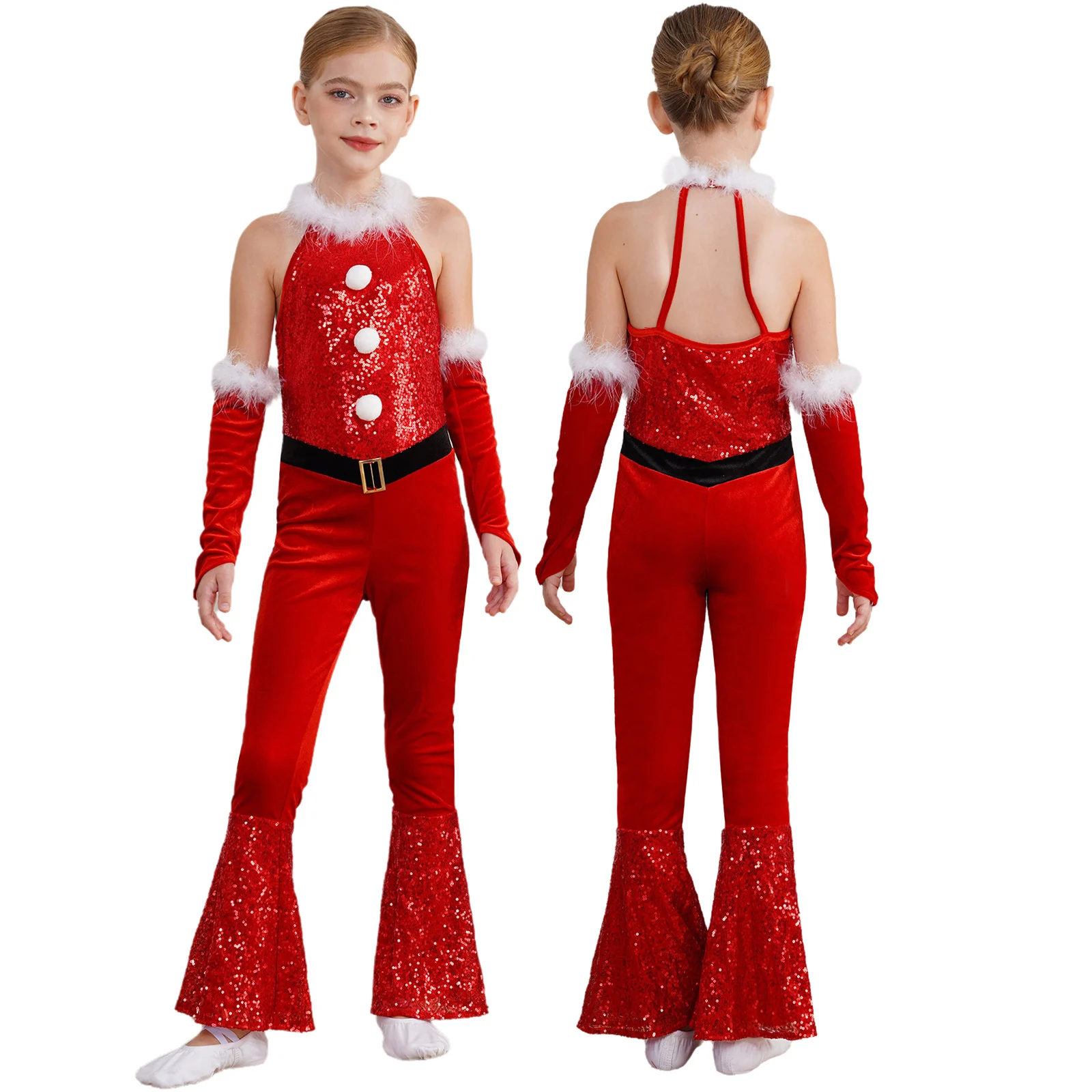 thumbnail image 1 of Disfraz de elfo navideño para niñas, disfraz de bastón de caramelo de Papá Noel, mono de carnaval, mono acampanado de lentejuelas de felpa con conjunto de manga para el brazo, 1 of 5