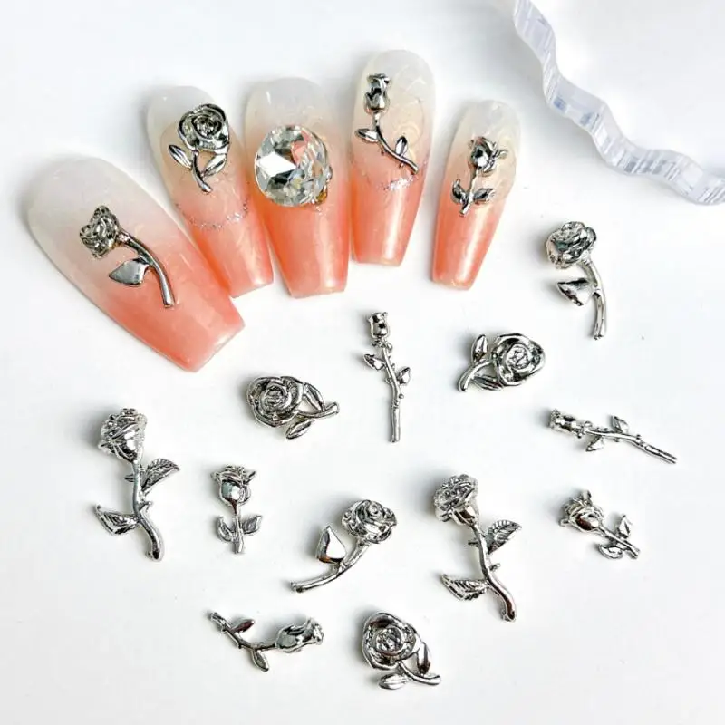 20pcs 라이트 럭셔리 금속 합금 장미 꽃 네일 매력 DIY 손톱에 대 한 3D 레트로 실버 꽃 네일 아트 장식 액세서리
