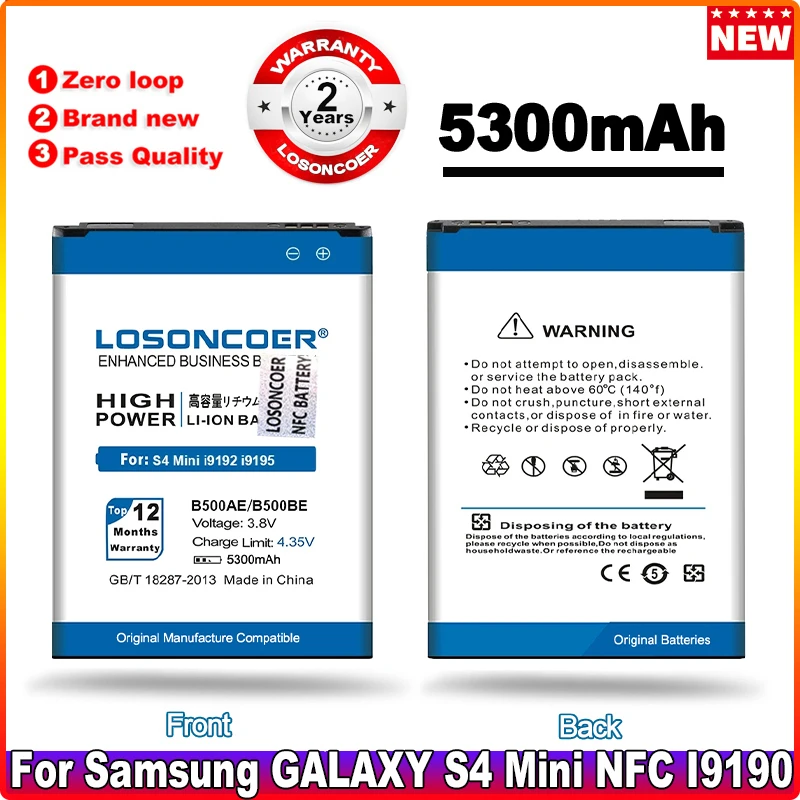 

LOSONCOER 5300mAh B500AE B500BE NFC For Samsung S4 Mini NFC Mini S4 S4mini I9190 I9192 I9195 I9198 Lithium-ion Polymer Battery