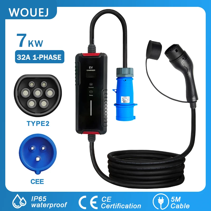 

WOUEJ Portable EV Charger Type2 32A 7KW 1 Phase Adjustable Current Smart Timing Charging for Home & Outdoor Use with CEE Plug