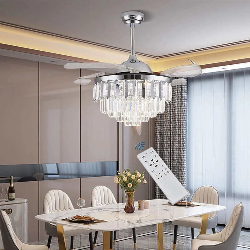 

Crystal Retractable Dimmable Crystal Fandelier Chandelier Ceiling Fan with Lights Remote, Invisible Blades Ceiling Fans 42 Inch