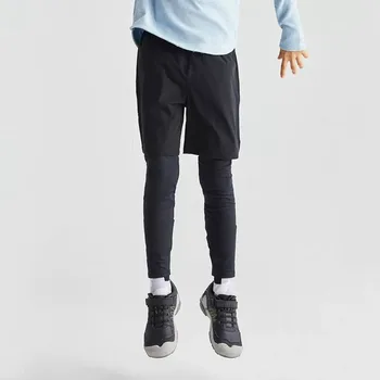 Boys Sports Leggings With Shorts Kids 2 in 1 Running Workout Athletic Tights Pant Children's Basketball Fitness Yoga Pants 5-14Y 2