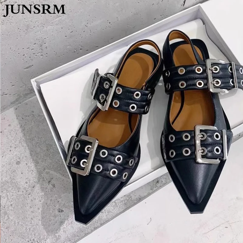 

Punk Rivets Square Head Mueller Shoes Belt Buckle Design Mary Jane Shallow Single Shoes Female Chunky Heel Flat Bottom Sandals