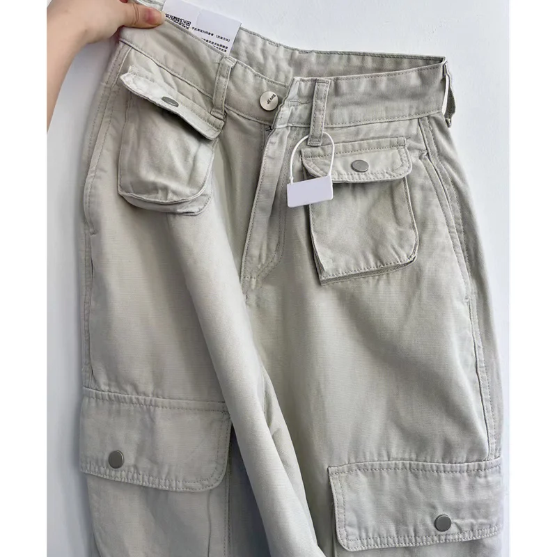 

Women Vintage Beige High Waist Cargo Pants Fashion Pocket Baggy Straight Y2K Wide Leg Pants Street Mopping Trouser Ladies Summer