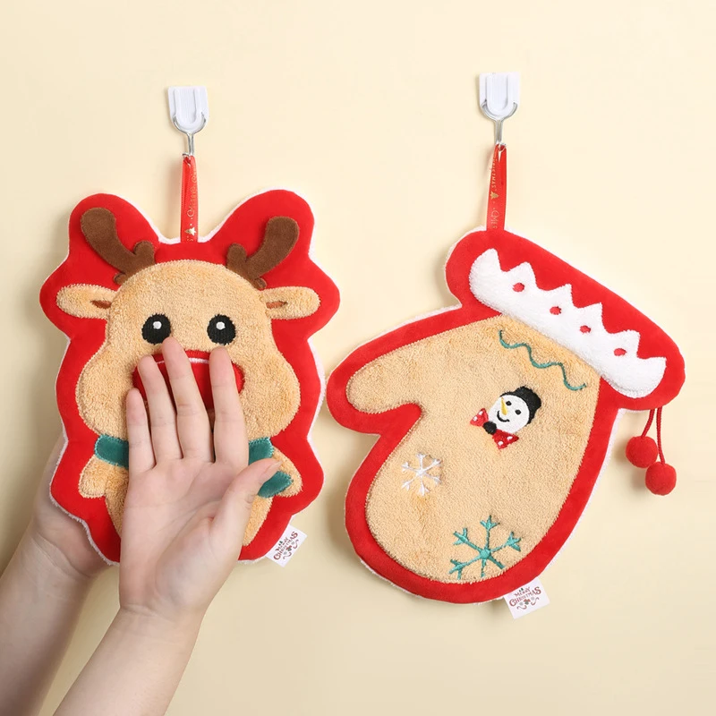 

Christmas Towel Xmas Tree Gloves Bells Elk Coral Velvet Water Absorbent Hanging Cartoon Kitchen Bathroom Wipe Hands Towel