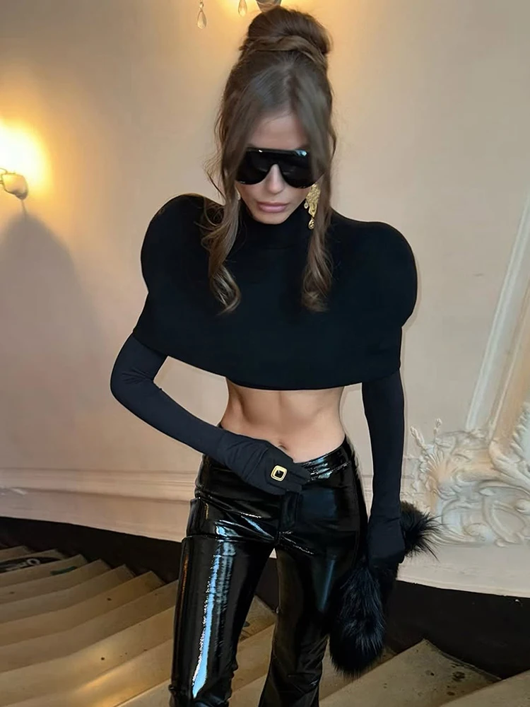Nibber Simple Two Pieces Crop Tops Women Turtleneck Zipper Shoulder Pads Tops+o-Neck Long-Sleeve Glove t-Shirts Sexy Streetwear