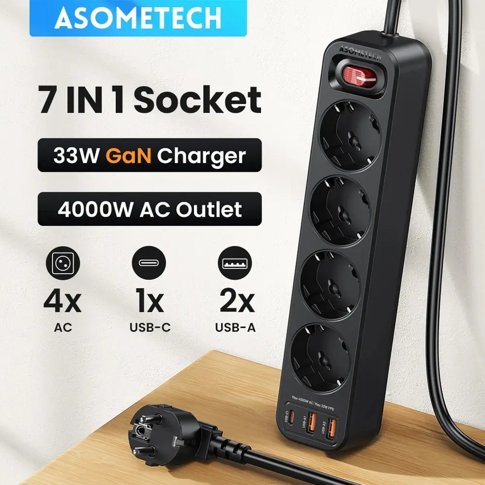 ASOMETECH 멀티탭 멀티 콘센트, 1.5M 익스텐션 코드 네트워크 필터, 3 USB PD, 33W PPS 고속 충전 서지 보호대, 4000W 