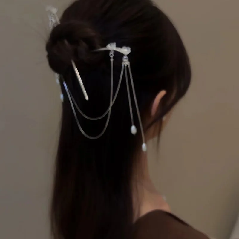 Fermaglio per capelli minimalista, creativo, alla moda e versatile, a doppio filo, con design a nappa, con un accessorio per capelli in stile cinese di alta gamma. - immagine 3
