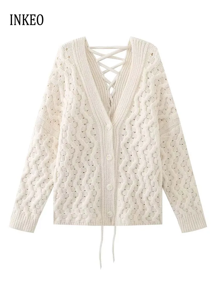 

Женский кардиган с V-образным вырезом, бежевый вязаный свитер на шнуровке, повседневный джемпер оверсайз, шикарный INKEO 3O281, весна-осень 2024