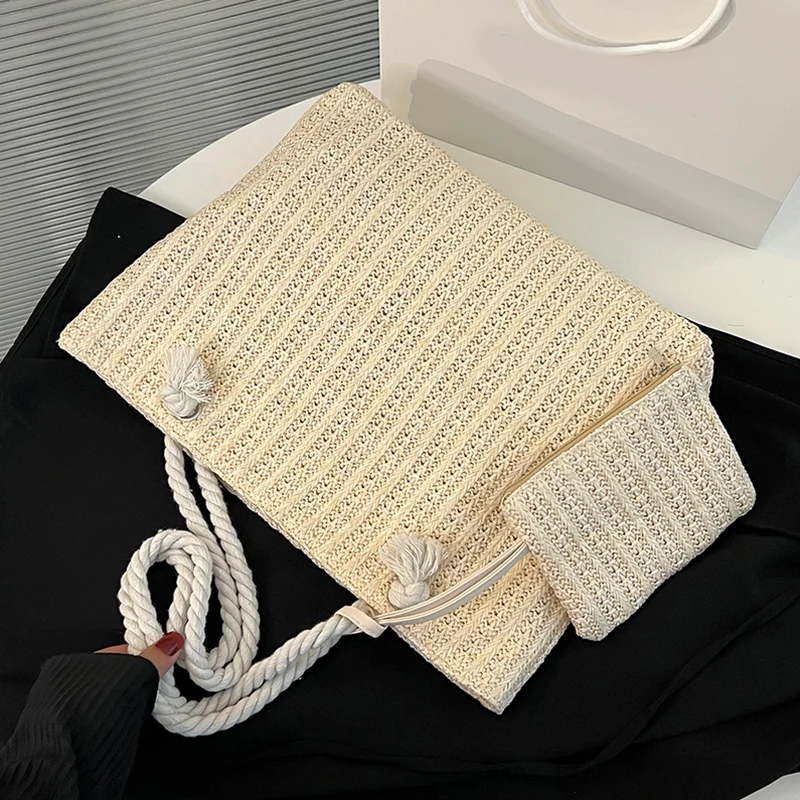 Summer Straw Bags For Women Weaving Totes Ladies Handbags Designer Travel Large Capacity Beach Shoulder Bag With Mini Purse