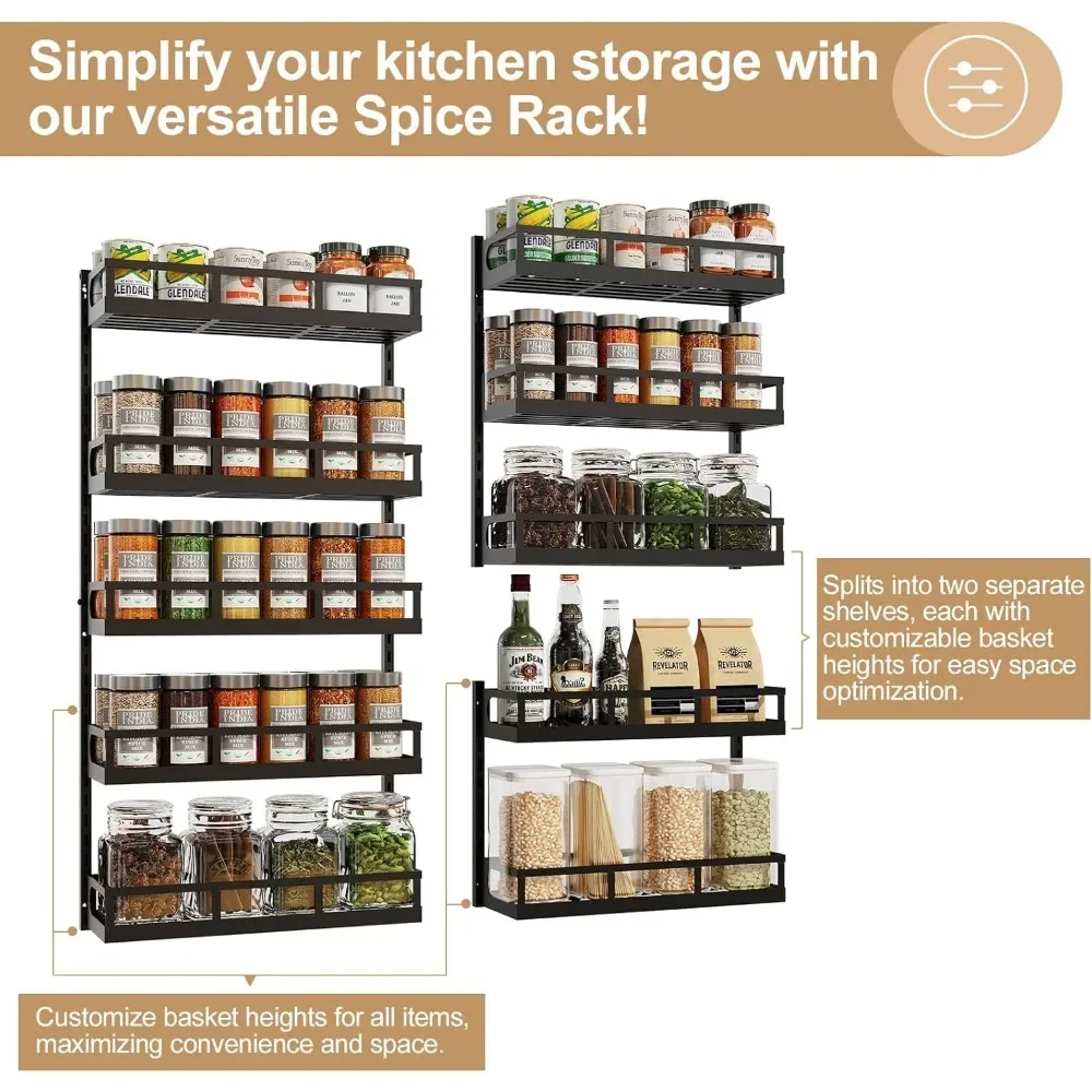 Wall Mount Spice Rack Organizer 5 Tier Height-Adjustable Hanging Spice Shelf Storage for Kitchen Pantry Cabinet