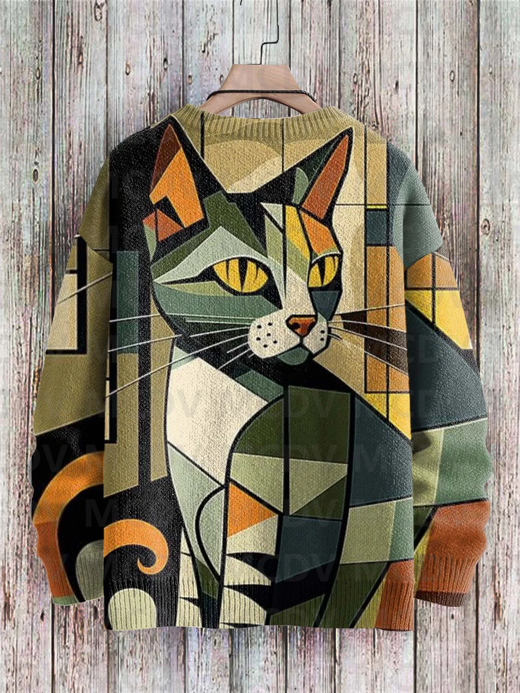 Abstract Art Cat Multicolor Print Casual Pullover Knit Sweater Women For Men Sweater
