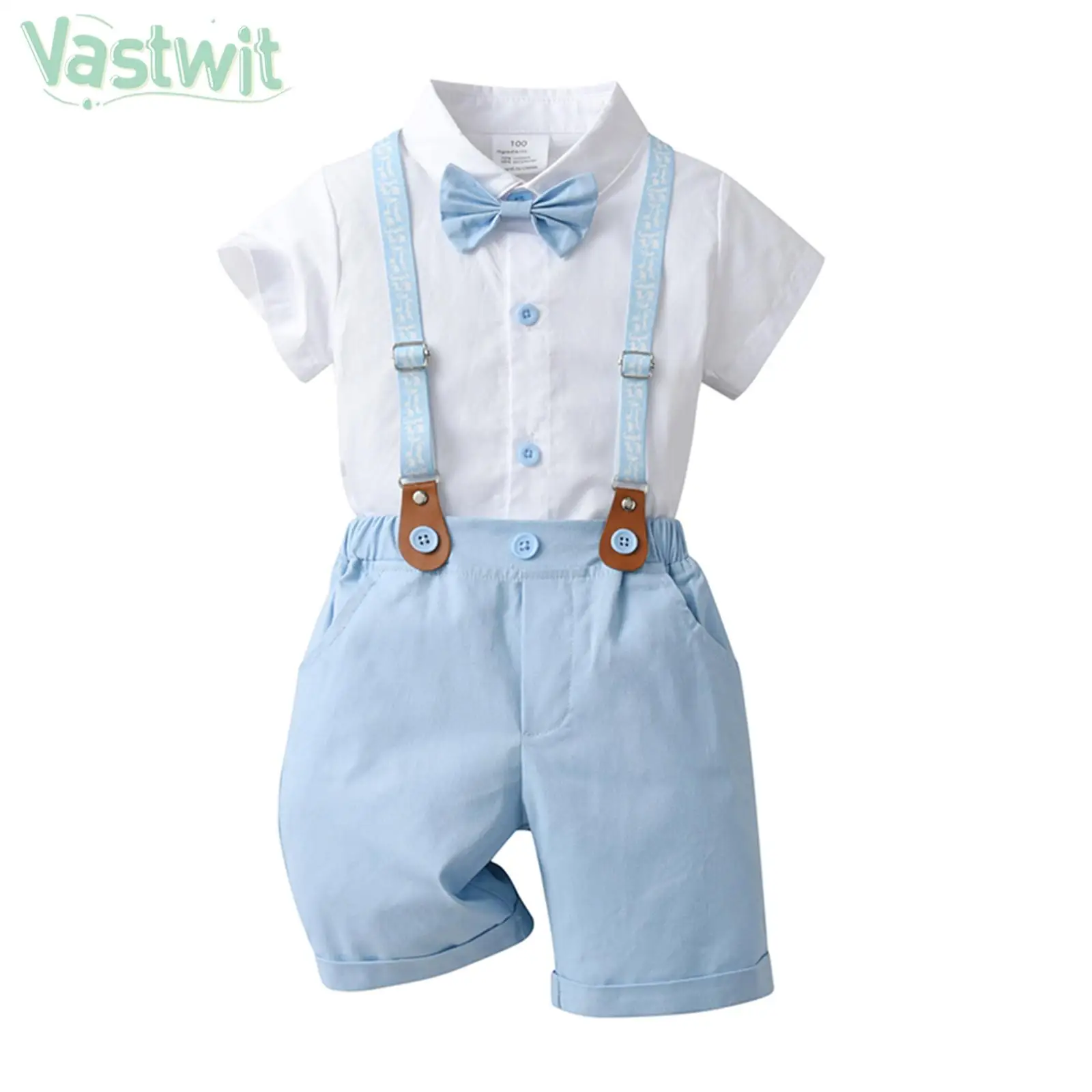 

Kids Boys Formal Gentleman Suit Short Sleeve White Shirt with Suspenders Pants Bow Tie Set for Baptism Birthday Wedding Party